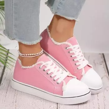 2025 spring and summer Korean version of foreign trade large size flat-soled platform canvas shoes women s lace-up casual shoes lightweight 36 розовый