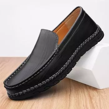 2025 spring and summer men s soft cowhide shoes round head breathable casual shoes middle-aged and elderly soft sole foot cover driving shoes 38 чёрный
