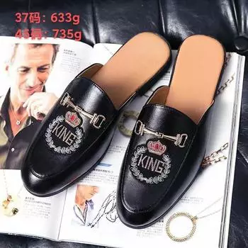 2025 spring and summer new men s Doudou shoes bright leather half-drag leather shoes trend breathable casual men s shoes fashion embroidery 37