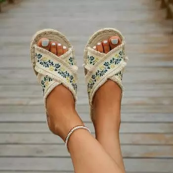 2025 spring and summer new straw woven fisherman linen embroidered ethnic style cross one-word slippers women s flat cool slippers 36 белый