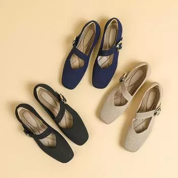 2025 Spring Knitted Fabrics Mary Jane Shoes Women Ballet Flats Shoes Comfortable Soft Square Toe Shallow Mouth Shoes for Women 34 чёрный