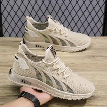 2025 spring new mesh men s shoes sports shoes breathable lightweight casual shoes soft sole non-slip fashion versatile trendy shoes 39 бежевый