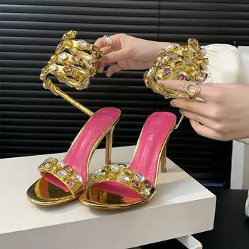 2025 Square Toe Studded Sexy Blalck Leather Sandals Women s Rivets Ankle Strap High Heels Luxury Designer Party Hot Chic Shoes 35