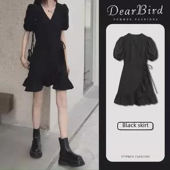 2025 Summer Black Ruffled One-Piece Dress: Slimming, Waist Strap Design