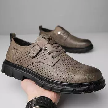 2025 summer casual leather shoes men s soft leather trend breathable casual shoes hollow Velcro daily men s shoes 38 чёрный