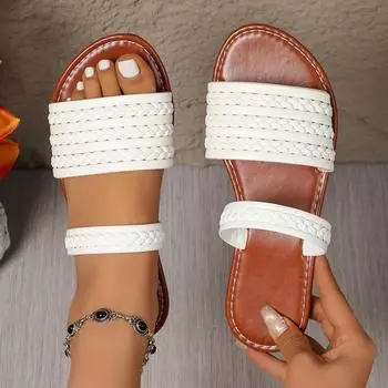 2025 Summer Fashion Woven Women s Flat Open-toed Slippers Solid Color Round Head Casual Comfortable Outdoor Slippers for Women 36 темно-коричневого