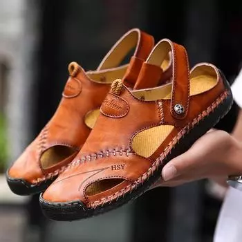 2025 summer men s sandals leather outdoor casual sandals dad shoes beach shoes a generation of shoes 38 чёрный