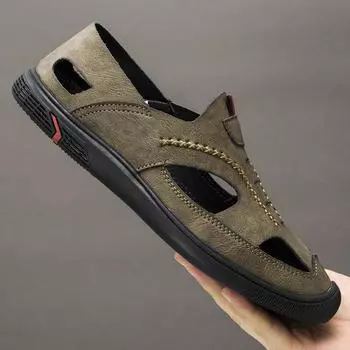 2025 summer men s shoes sandals hollow men s new breathable soft sole light casual going out hole shoes driving shoes 39 чёрный