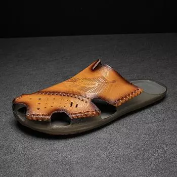 2025 summer new bag head slippers men s large size casual wear leather sandals large size without heels Shoes 38 чёрный