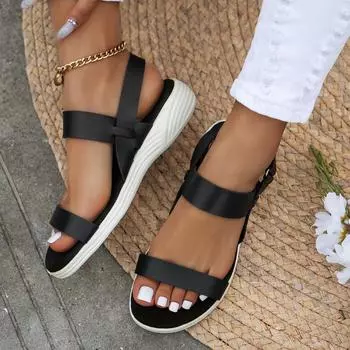 2025 summer new casual sandals women s flat heel fish mouth Velcro large size women s sandals 36 чёрный