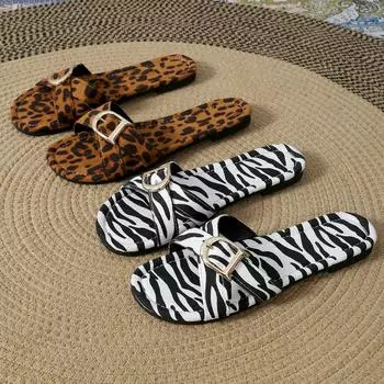 2025 summer new flat-bottomed outer slippers women s fashion cross-word with metal buckle cool slippers 36 леопардовый