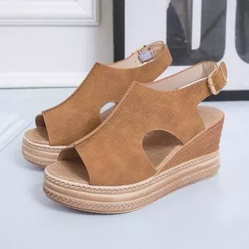 2025 summer new foreign trade wedge heel sandals women s European and American style platform women s shoes hollow fish mouth high heel sandals 35 чёрный