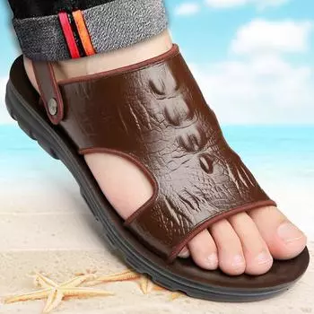 2025 summer new men s first layer cowhide sandals men s soft leather beach shoes casual men s shoes platform soft leather slippers 38 чёрный