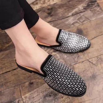 2025 summer new men s fitting room bag head half tray shoes Korean version hot diamond business shallow mouth one foot cool leather shoes 38 чёрный