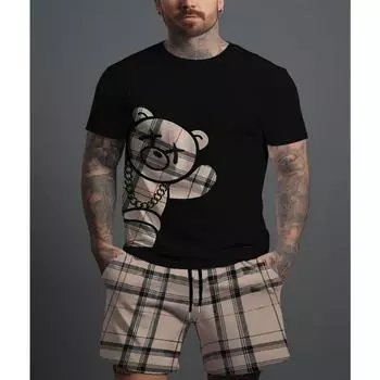 2025 Summer new men s suit 2-piece casual bear 3D printed plaid shorts summer comfort breathable lightweight men s suit new styl S
