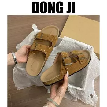 2025 summer new metal buckle platform slippers fashion matte leather rivets square head drag flat sandals women 35
