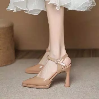 2025 summer new pointed bag head fashion high heel large size hollow women s one-word buckle sandals 34 чёрный