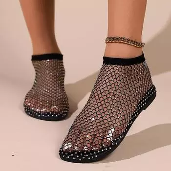 2025 summer new round head flat bottom hollow diamond inlaid fashion single shoes women s European and American large size mesh lazy shoes 35 чёрный