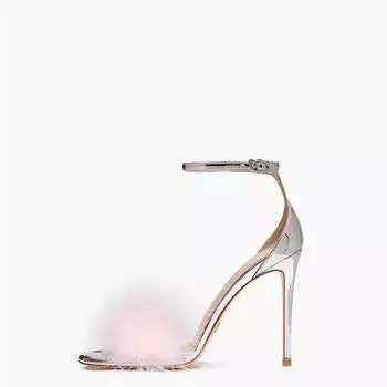 2025 summer new sexy feather high heels European and American large size one word with thin heel sandals women 35 серебряный