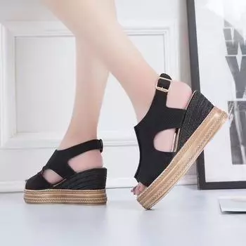 2025 summer new slope heel platform sandals women s shoes large size foreign trade buckle with fish mouth sandals 36 розовый