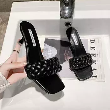 2025 summer new small heel woven word with square head open toe high heel sandals women s fashion cool slippers outside wear 35 чёрный