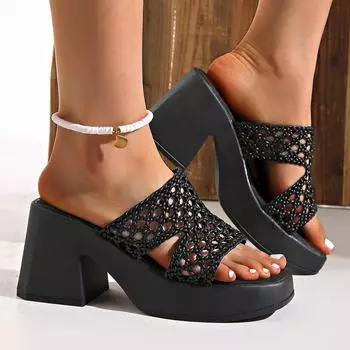 2025 summer new style one-word hollow women s large size thick heel square head high heel slippers 35 коричневый