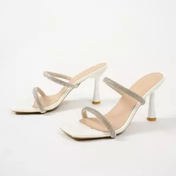 2025 summer new wind one-word rhinestone women s large size thin heel square head cool slippers 35 белый