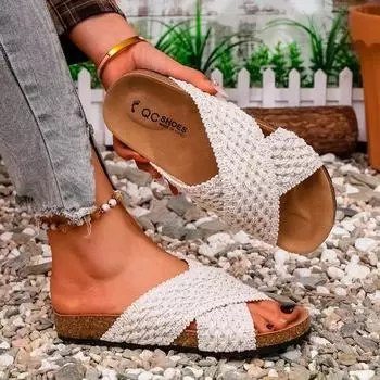 2025 Summer New Women’s Open Toe Slippers Comfortable Flat with Platform Breathable Slippers for Plus Size Daily Casual Sandals 35 покинуть белый