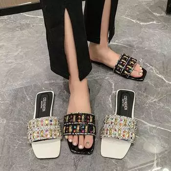 2025 summer rhinestone low-heeled open-toed large-size outer wear versatile fashion beach cool slippers women 35 белый