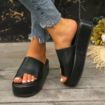2025 summer thick bottom heel large size round head solid color versatile one-word beach muffin sandals women 36 чёрный