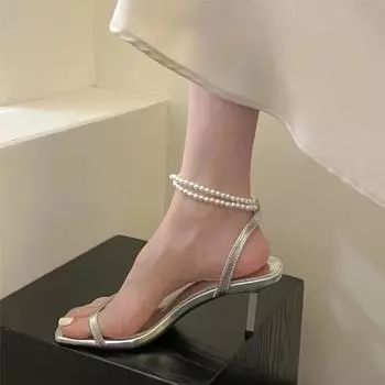 2025 Summer Thin Heels Women s Fashion Square Head High Heel Sandals All-Match Ankle Pearl Chain Luxury Party Heels Shoes 35