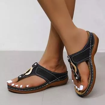 2025 thick-soled beach slippers women s slope heel toe sewing line cool slippers PU sole lightweight mother shoes 35 чёрный