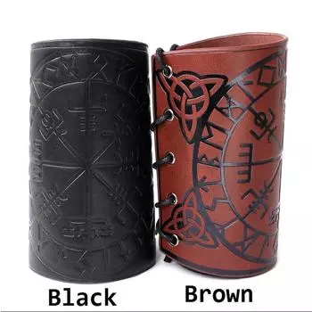 2025 Toten Design Nordic Viking Odin Compass Bandles для мужчин, защитное снаряжение для верховой езды, тисненый широкий кожаный браслет, панк-ювелирные изделия коричневый