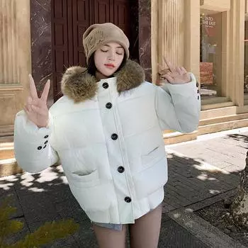 2025 winter new Korean down padded jacket women s loose cotton jacket casual short large fur collar thickened padded jacket jacket S