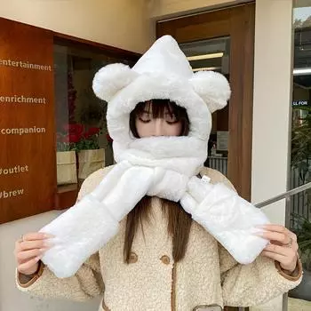 2025 Winter Warm Hat Scarf Gloves Three-Piece Set Thickened Cute Plush Bear Neck Warmer Faux Rabbit Fur