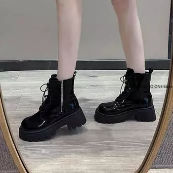 2025 Women s Black Back Zipper Chunky Heel Boots Goth Style Lace Up Solid Color Platform Short Boots for Women Fashion Wing 35 чёрный