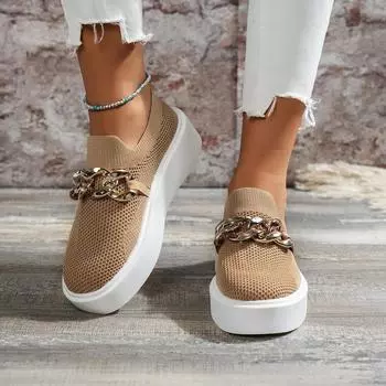 2025 Women Spring New Black Platform Flats Shoes Women Loafers Slip on Boat Shoes Metal Chain Designer Casual Mesh Oxfords 36