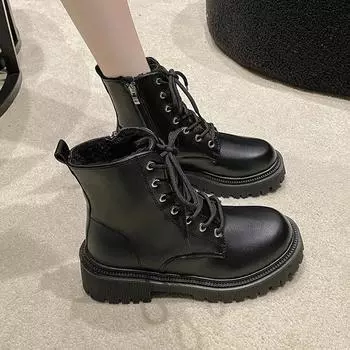 2025 Women Warm Ankle Boots British Style Low-Heel Warm Plush Winter Boots Fashion Thick-soled Motorcycle Boots Botines De Mujer 35