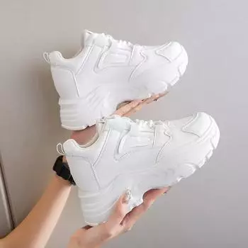 2025White Platform Women s Sneakers Spring Lace-Up Thick Bottom Vulcanize Shoes Woman Pu Leather Breathable Sports Shoes Ladies 35 белый