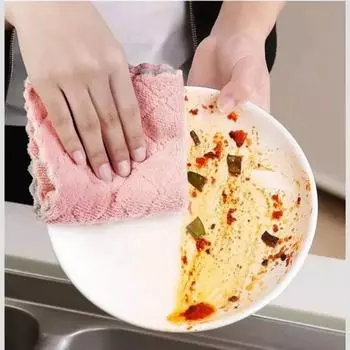 20/1pcs Double-layer Microfiber Towel Super Absorbent Coral Fleece Cleaning Cloths Kitchen Non-stick Oil Dishcloths Scouring Rag 1PCS
