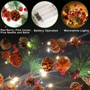 20 LED 6.5FT Pinecone String Lights Pine Needle Red Berry Garland Lights Battery Operated Fairy String Lights Home Decoration Type B&None теплый белый