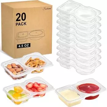 20-Pack Double Compartment Snack Containers for Dips, Sauces & Toppings, Plastic Containers with Lids 20-Pack