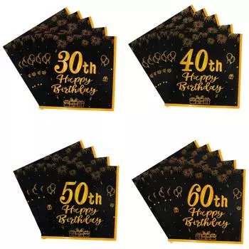 20 шт. Золотисто-черные одноразовые бумажные салфетки на 30-й, 40-й, 50-й, 60-й день рождения, салфетки для коктейлей, украшения на 30, 40, 50, 60 лет