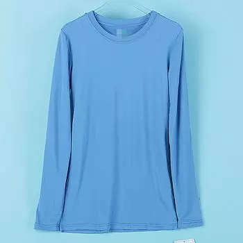 216 Boutique Export round Neck Long Sleeves T-shirt S73020 Spring & Fall Pure Color Stretch Silm Sports Casual Bottoming Top 1 Light Blue S