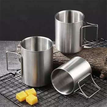 220/300/400ml Stainless Steel Outdoor Beer Cup Portable Foldable Handle Camping Coffee Mug Picnic Water Cups Drinkware 200-400ml