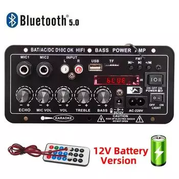 220 В 12 В цифровой усилитель Bluetooth плата сабвуфер двойной микрофон караоке усилитель динамик перезаряжаемая версия US PLUG