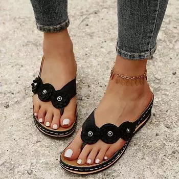 225 Summer style herringbone wedge solid color casual flower slippers women s large size 36 чёрный