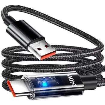 240W Intelligent Fast Charging Cable for Apple, Huawei, and Type-C Devices 25cm Black Transparent Print 240W