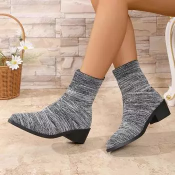 24 autumn and winter new fashionable versatile round head casual large size fly-woven thick heel socks boots women s elastic boots 36 серый