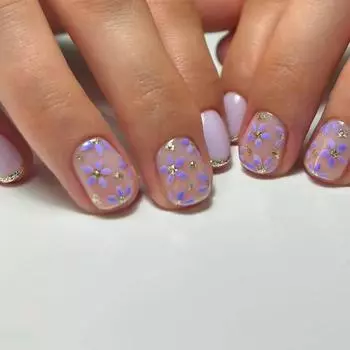 24 Pcs French Tip Press On Nail Short Square False Nail Flowers Acrylic Nail Glittering Full Cover Stick On Nail